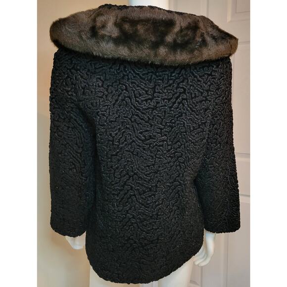 Vintage Black Curly Persian Lamb Jacket Coat Faux Mink Collar 1960s Size L - Picture 2 of 9